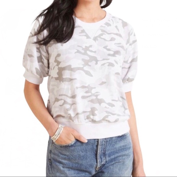 Sundry Evereve Camo Short Sleeve Sweatshirt Size 2 Raglan Sleeve Tan White - Picture 1 of 10